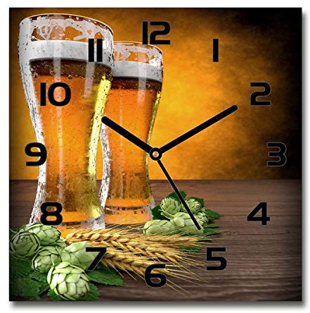 Tulup Glasuhr - 30x30cm - Schwarze Zeigern - Wanduhr Wandkunst Bild Gehärtetem Glas Uhr Echtglas Küche Wohnzimmer - Zwei Gläser Bier