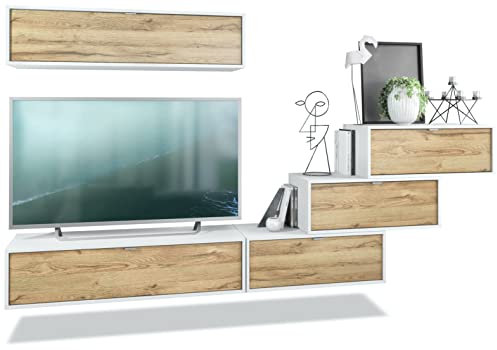 Vladon Wohnwand Lana V1 Anbauwand aus 5 Hängeelementen mit 12 Fächern, Made in Germany, Korpus in Weiß matt, Fronten in Eiche Natur | Große Farbauswahl