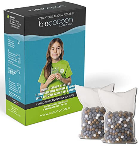 biococoon Acqua Viva Filterbeutel für alkalisches Wasser pH und ionisiertes Antioxidans, Chlorentferner für Trinkflaschen, Karaffen, Filter usw. Gesamtlebensdauer 3 Monate