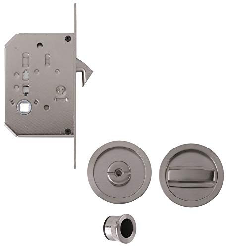 Juego kit cierre PESTILLO para puerta CORREDERA, con rosetas redondas con cierre y desbloqueo cerradura embutida con gancho diámetro de rosetas embutidas 56mm-puertas de 40mm