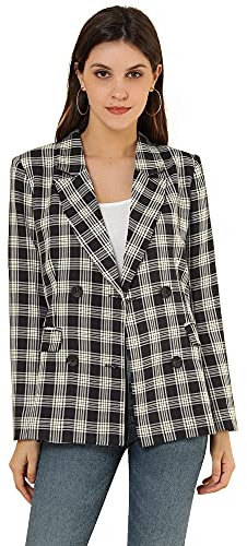 Allegra K Blazer Formel Double Boutonnage à Carreaux pour Femme Noir Plaid Blanc M