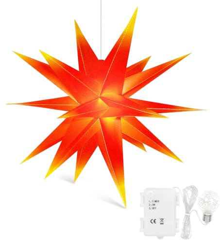 Qijieda 3D Weihnachtsstern Außen Batterie mit Timer - 58cm led Weihnachtsstern Beleuchtet, Leuchtstern Stern Zum Dekorieren von Innenhof, Balkon Und Garten (Red-Yellow, 58cm)