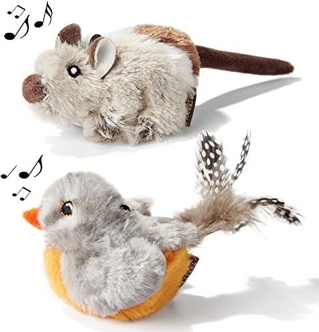 Pawsayes Jouet Chat Interactifs, 2 Pièces Souris en Peluche et Oiseaux, Automatique Melody Chaser Chat Jouet