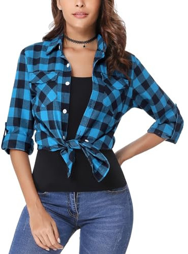 Irevial Damen Kariertes Bluse Casual Karohemd Button-down Langarmshirt Boyfriend-Stil Baumwolle Hemdbluse Plaid Shirt für Frühling und Herbst Blau XL