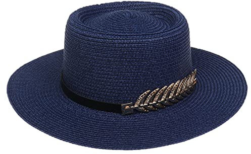 JK Home Femme Chapeau de Paille Panama Large Bord avec Boucle Capeline Eté Anniversaire Camping Plage Marine Bleu