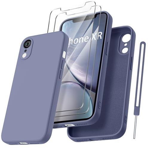 Qasyfanc HandyHülle für iPhone XR Hülle Silikon case mit 2 Stück Schutzfolie, Ultra Microfiber TPU Flüssig silikon mit Kameraschutz Kratzfeste Rundumschutz Schutzhülle 6.1'' - Blue-grau