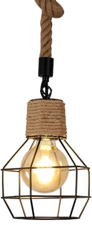 Pheashine Lampadario Industrial, Lampadario a Sospensione in Corda di Canapa,Lampadario Cucina,Taverna, Soggiorno a Sospensione E27 Lampada a Sospensione Vintage Nero (Senza lampadina)