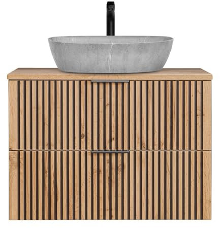 Lomadox Waschtisch schwarz gerillt Unterschrank hängend 80 cm mit Keramik Aufsatzwaschbecken anthrazit mit Eiche Nb. Waschbecken Beton Optik B/H/T: 80,6/72,7/46,5 cm