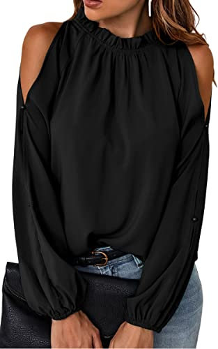 Toplop Women Long Sleeve Shirt Cold Shoulder: Elegant Sexy Tops Fall Spring Casual Tunic with Carmen Asymmetrical Neckline/Ruffle Round Neck Black Small