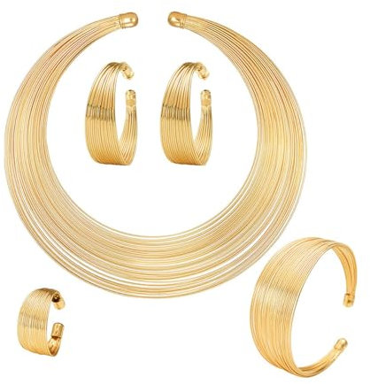TOEECY 5Pezzi Bib Collana Choker Set per Donna Dichiarazione Nazionale Africana Bracciale Polsini Bavaglino Aperto Orecchini Anelli Oro Argento Gioielli (Oro)