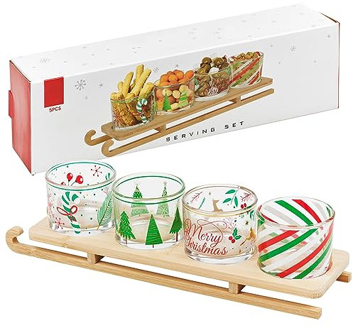 URBNLIVING Set of 4 Glass Appetizer Condiment Dishes Xmas Designed Decorative Snacks Nibbles Bowls Set in Festive Christmas Wooden Sledge