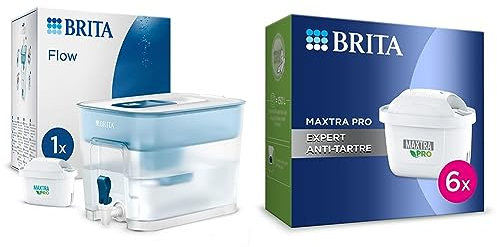 BRITA Distributeur d'eau filtrée Flow (8,2L) inclus 1 cartouche filtrante MAXTRA PRO & Pack de 6 cartouches filtrantes MAXTRA PRO Expert - formule anti-tartre 50% plus puissante