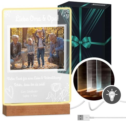Maverton beleuchteter LED-Fotoaufsteller mit Echtholzsockel - personalisiertes LED-Acrylglas mit eigenem Foto für Paare - Glasbild zur Hochzeit zum Valentinstag - Größe: 21x32x4,5cm - Großeltern