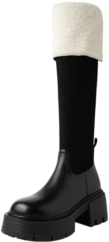 StyliShoes Stivali da donna con plateau in pelle, chiusura lampo laterale, stivali alti al ginocchio, Nero , 34 EU