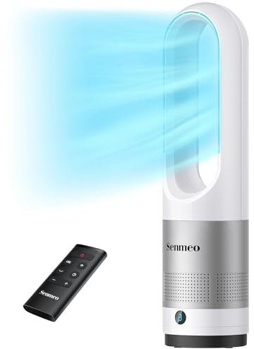 Bladeless Fan, 22 inch Tower Fan with Remote, 8 Speeds, 90° Oscillation, 9 Hour Timer, LED Display with Auto Off, Easy to Clean (White+silver, Small)