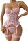 Aranmei Set di Lingerie da Donna Sexy Body in Pizzo con Calze Giarrettiera in Pizzo Floreale Lingerie Intimo Abiti Teddy Babydoll con Coscia Alto (Rosa,M)