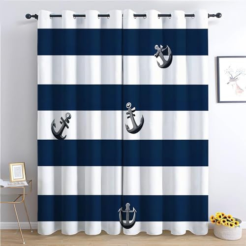 Gardinen Blau Gestreifter Anker H183 x B117 cm Blickdichter Vorhang mit Ösen Lärmschutz Thermoisolierte Lichtundurchlässig Vorhänge für Wohnzimmer Schlafzimmer Kinderzimmer, 2er Set