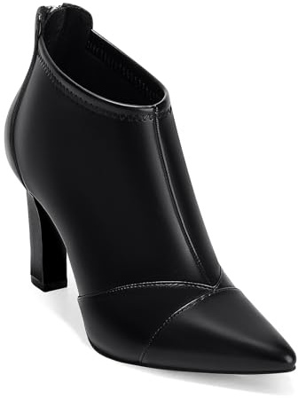 Coutgo Womens Ankle Booties Dress Boots Pointed Toe Stiletto High Heel Splicing Booties Shoes with Back Zipper Black-Leather