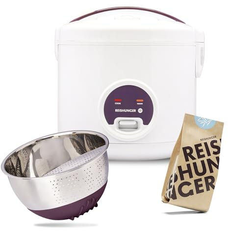 REISHUNGER Basis Reiskocher Starter Set, Großer Basis Reiskocher weiß Keramik, Reiswaschschüssel Edelstahl (Aubergine), Finde deinen Lieblingsreis Set (8 Sorten)