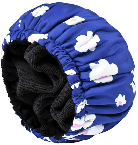 Shower Cap for Women Terry Lined Bath Cap Large Reusable Waterproof Elastic Band Blue Shower Caps for Long Thick Hair Soft Bath Shower Hair Caps