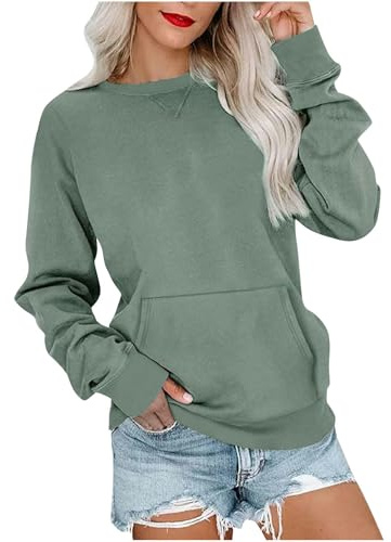 QIUNUOTAN Sudadera de Mujer Mujer Casual Manga Larga con Sudadera De Bolsillo Cuello Redondo Suéter Lindo Blusa Suelta-Verde Hierba-S