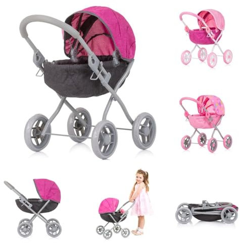 Chipolino Puppenwagen Daisy klappbar, Sonnendach, Vier große Räder, ab 3 Jahren, Farbe:grau pink