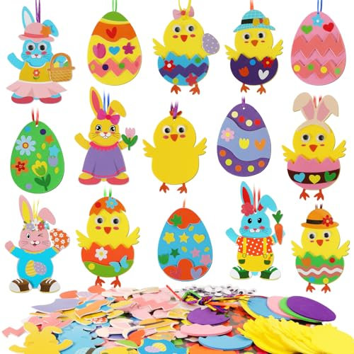 BOOMTOP 17 Stück Ostern Bastelset Kinder Osterhasen Ostereier Osterküken Basteln Ostern Anhänger Deko Moosgummi Aufkleber Selbstklebend Schaumstoff Sticker Ostergeschenk Kreativset zum Aufhängen