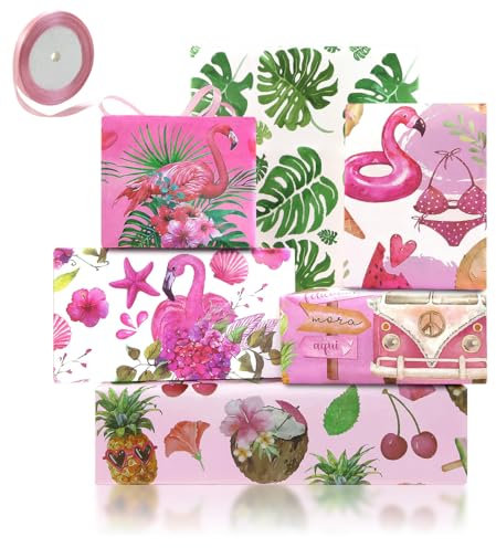 Flamingo Hawaii Wrapping Paper, Pink Flamingo & Hawaiian Monstera Gift Wrap Paper, Summer Jungle Tropical Design For Aloha Party, Birthdays, 6 Sheets Papers with A Roll of Pink Ribbon