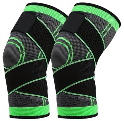 SQAUT® Kniebandage Kniestütze Knie Kompression Sport Bandage für Laufen, Fußball, Kraftsport, Fitness, Arthrose rutschfeste mit Klettgürtel stabilisiert Damen & Herren (Grün (Paar), 2XL)