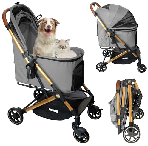 Neatki faltbarer Haustier-Kinderwagen für Hunde und Katzen | 15 kg Tragfähigkeit | 360° schwenkbare Vorderräder | Ein-Klick-Faltung | Bremse, Leinen-/Sicherheitsclips | waschbare Polsterung (Grau)