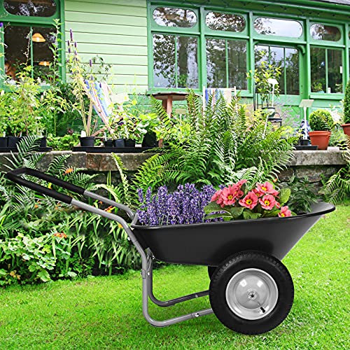 COSTWAY Schubkarre mit 2 Rädern, 75 L, Schiebkarre 100 kg Tragkraft, Garten Karre Metallrahmen, Transportkarre für Garten, Gartenkarre mit Gummigriff, Gartenschubkarre Bauschubkarre (Schwarz)