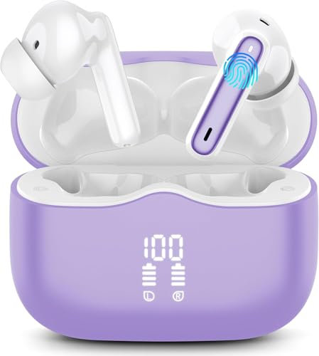 Bluetooth Kopfhörer, In Ear Kopfhörer Kabellos Bluetooth 5.4 HiFi Stereo, Kabellose Kopfhörer mit Noise Cancelling Mic, 40Std Tiefer Bass IP7 Wasserdicht Sport Ohrhörer für Arbeit und Studium Lila
