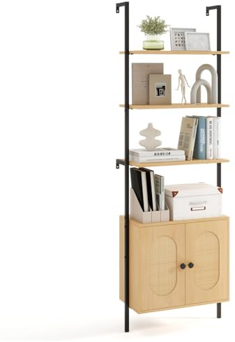 COSTWAY 3-stufiges Bücherregal mit Rattan-Schrank, 184 cm Leiterregal Wandmontage, offener Präsentationsregal mit Metallrahmen & Verstellbarer Regale für Wohnzimmer, Büro 60 x 30 x 184 cm