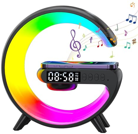 YOAOSER Wireless Charger Lamp, G Shaped Lamp Phone Charger, 10W Wireless Charging Bluetooth Speaker Atmosphere Light, Wireless Speaker C-harger L-amp with Alarm Clock,10 Lighting Modes (Black)