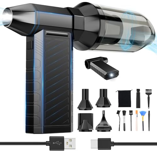 Preciva Electric Air Duster, 3 Gear Turbo Blower for PC, Car, Home | Compressed Air Duster, 2-in-1 Rechargeable Air Blower & Vacuum with LED Lights, Brushless Motor, Dust Blower for PC/Outdoor
