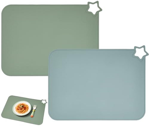 ABOHU 2 Stück Baby Silikon Platzset Abwaschbar, Platzdeckchen rutschfest Tischset Kinder, Schmutzabweisend, Tragbar, Baby Tischsets für Esstisch & Restaurants, für Kleinkinder (Äther/Salbei)