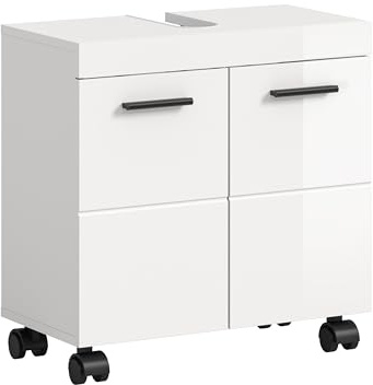 xonox.home – Waschbeckenunterschrank Nova auf Rollen 60x58x30 cm in weiß Hochglanz – Badmöbel mit 2 Türen & 1 Einlegeboden – Flexibler Unterschrank für das Badezimmer, elegant & praktisch gestaltet
