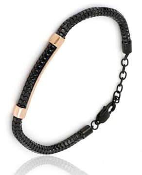 Generico Bracciale in Acciaio Bicolore Rose Gold e Nero, Catena Box, Chiusura a Moschettone