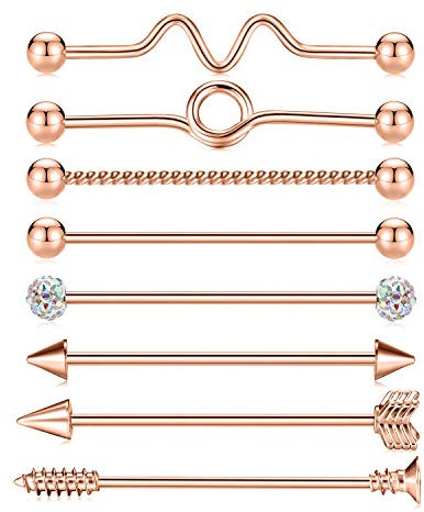 Kzslive 14G 8 PCS Industrial Barbell Jewellery Surgical Steel for Women Men Cartilage Earring Body Piercing 1 1/2 Inch 38mm Rose Gold