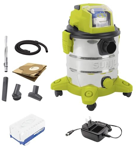 Sun Joe Cordless Vacuum Cleaner, Stainless Steel Wet or Dry Kit with Battery, Charger, Brush, Nozzle & Tubes, 24V, 5.3 Gallon - Vacuuming Machine for Home, Garage and Outdoor Cleaning, 24V-WDV6000
