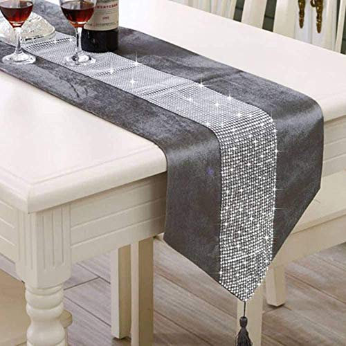 LCHULLE Tischläufer/Tischdecke mit Schmucksteinen 210 * 33cm Glitzer Tischläufer Tischband Tischdecken für Party Hochzeit Bankett Tischdekoration Grau