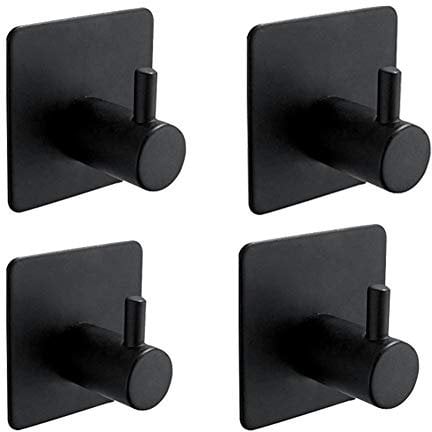 Ibergrif M34251B Ganchos Acero, Soporte de Pared para Toallas de Baño, Colgador Cocina, Adhesivo 3 m, 4 Piezas, Negro