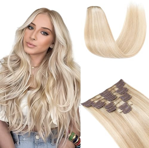 Elailite Clip in Extensions Echthaar Haarverlängerung Haarteile 8 Teilig 18 Clips für Frauen Voller Kopf günstig 10(25 cm)-50g #18P613 Honigblond/Hellblond