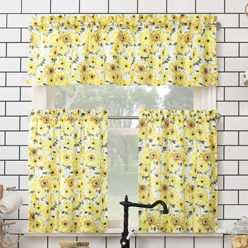 No. 918 Sunbeam Sunflower Print Semi-Sheer Rod Pocket Kitchen Curtain Valance and Tiers Set, 54 x 24, Yellow