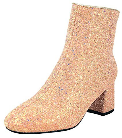 MISSUIT Damen Chunky Heels Ankle Boots Glitzer Stiefeletten mit Blockabsatz und Reißverschluss 6cm Absatz Pailletten Schuhe(Pink,39)