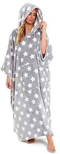 Daisy Dreamer Womens Hooded Poncho Designer Soft Fleece Lounge Wear Blanket Top One Size (Stars Grey, One Size)