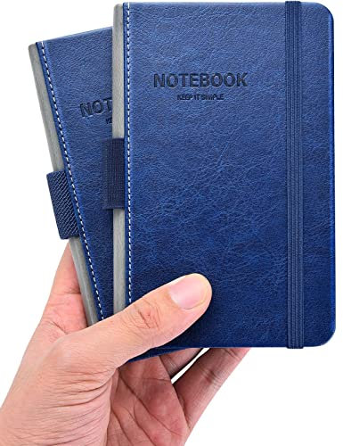 AISBUGUR Notizbuch A6 2 Stück Notizbuch kleine 9 x 14 cm Pocket Notizbücher, Hardcover mit Stifthalter Gummiband Dickes Papier notizblock kleine PU Leder Blau