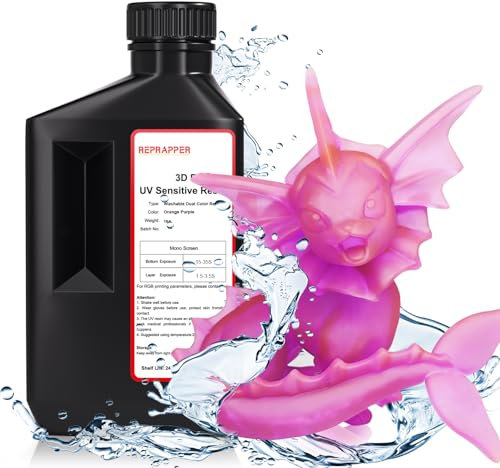 RepRapper 203 Zweifarbiges wasserlösliches 3D-Druckerharz – UV-Harz für LCD – Lila + Orange, schnell aushärtendes Photopolymerharz (1000 g) – Ideal für Präzisionsdruck, Schmuckdesign und DIY-Projekte