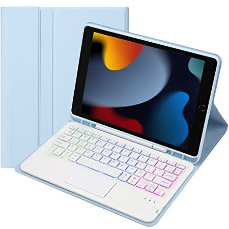 Bueuwe Keyboard Case for iPad 10.2 9th Gen 2021/8th Gen 2020/7th Gen 2019/Pro 10.5 2017/Air 3rd Gen 10.5 2019, 7 Color Backlit Bluetooth Detachable Keyboard with Touchpad,Sky Blue