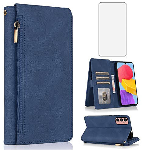 Asuwish Compatible with Samsung Galaxy M13 4G/M23 5G/F23 5G Wallet Case Tempered Glass Screen Protector and Zipper Leather Flip Cover Card Holder Stand Cell Accessories for Gaxaly M13 Women Men Blue